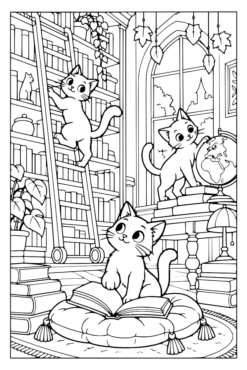 Dessin en noir et blanc montrant trois chats dans une bibliothèque : l’un grimpe sur une échelle, un autre se tient près d’un globe et le troisième est assis devant un livre ouvert sur un fauteuil.