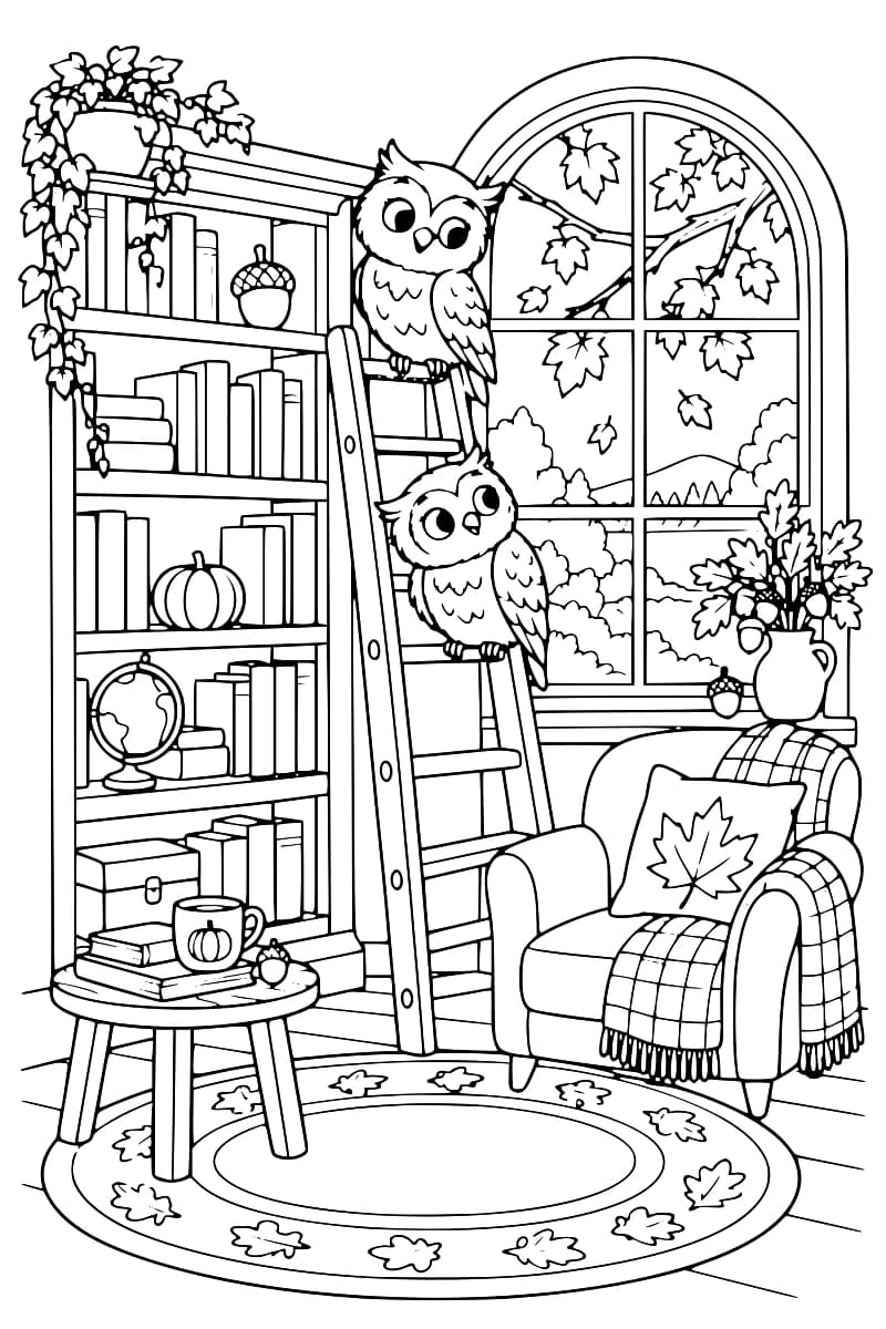 Dessin en noir et blanc montrant deux hiboux sur une échelle dans une bibliothèque, avec une grande fenêtre feuillue, un fauteuil, une table basse et un tapis orné de feuilles.