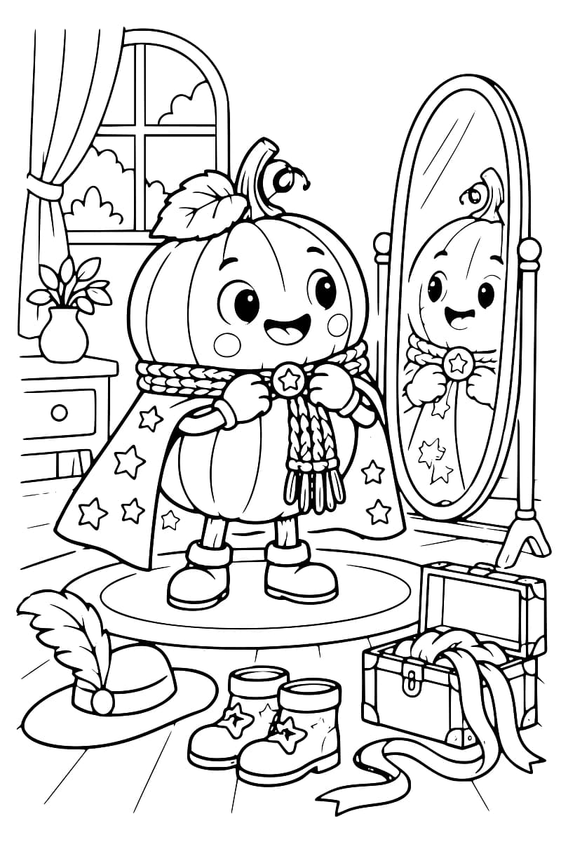 Citrouli, une citrouille souriante, porte une cape étoilée et un foulard devant un grand miroir, avec des accessoires de déguisement autour de lui.