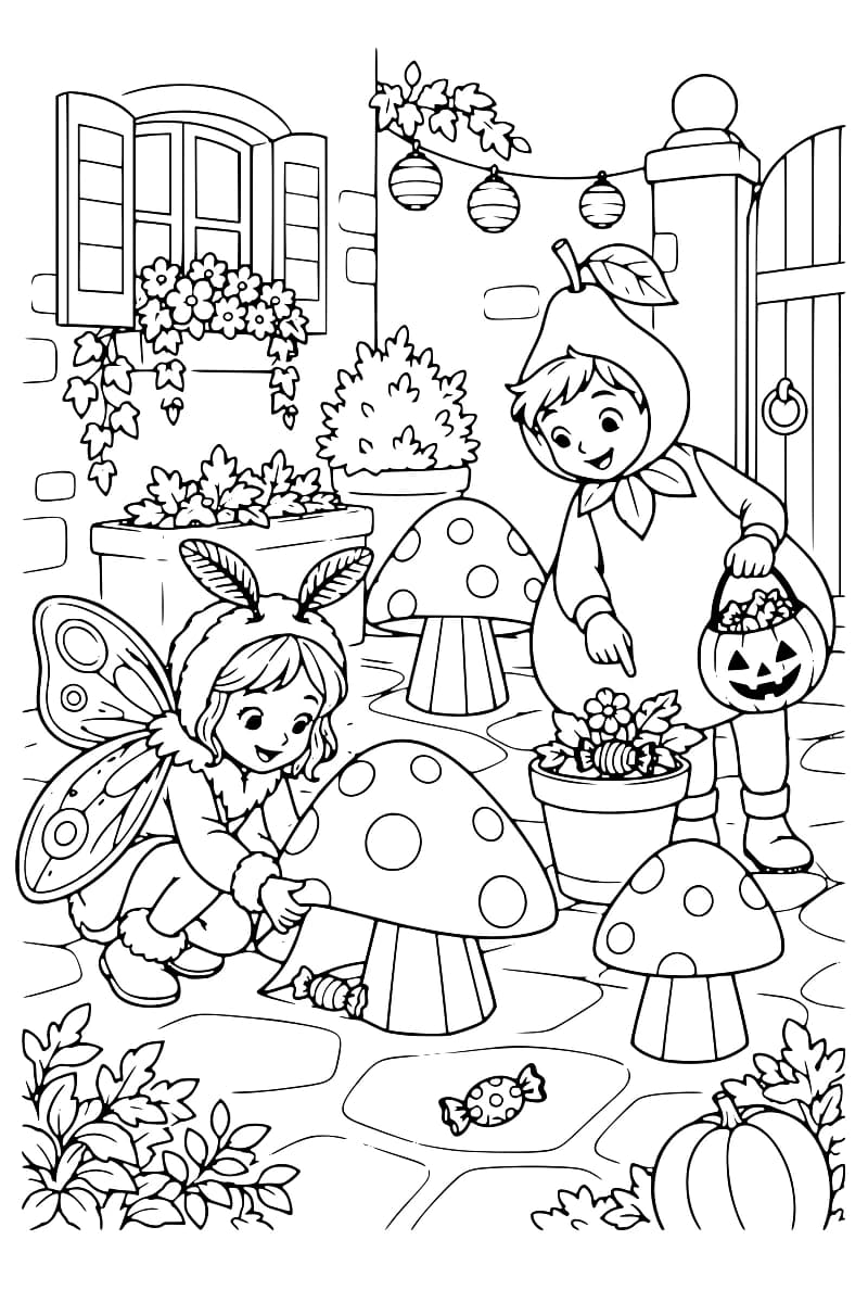 Dessin à colorier de deux enfants déguisés, l’un en insecte ailé et l’autre en poire, près de grands champignons à pois. L’enfant en poire tient un seau en forme de citrouille et montre des bonbons dans un pot de fleurs, tandis que l’autre s’accroupit près d’une friandise au pied d’un champignon. Des plantes, des lanternes suspendues et une citrouille décorent la cour.
