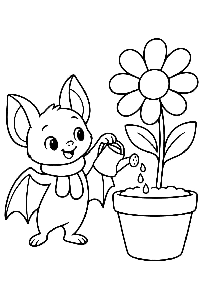 Dessin en noir et blanc d’une chauve-souris souriante avec une écharpe, tenant un arrosoir d’où tombent trois gouttes vers la terre d’une grande fleur en pot.