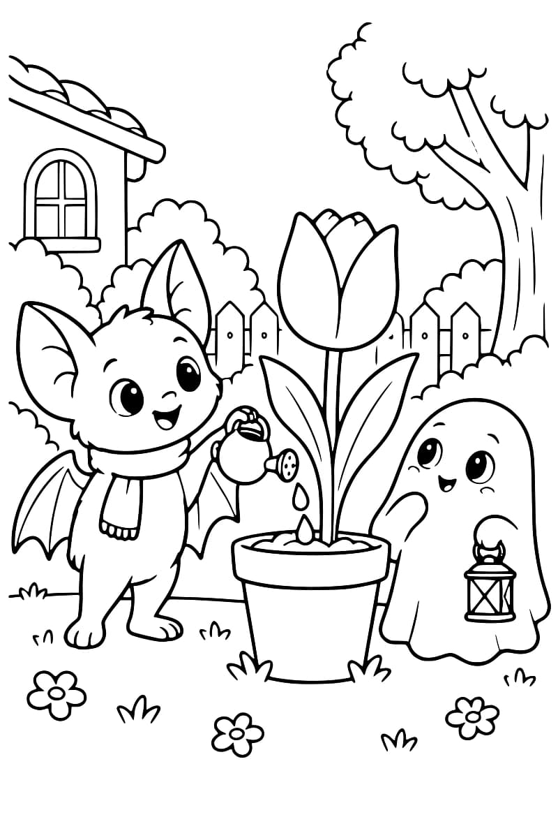 Dessin à colorier d’une chauve-souris avec une écharpe et un arrosoir à gauche d’une grande tulipe en pot, et d’un fantôme tenant une lanterne à droite, dans un jardin avec une clôture, une maison et un arbre.