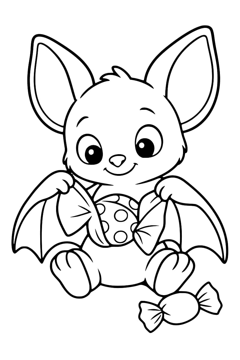 Dessin en noir et blanc d’une chauve-souris assise, aux grandes oreilles et aux ailes déployées, tenant un bonbon à pois dans son emballage ouvert, avec un autre bonbon emballé à ses pieds.