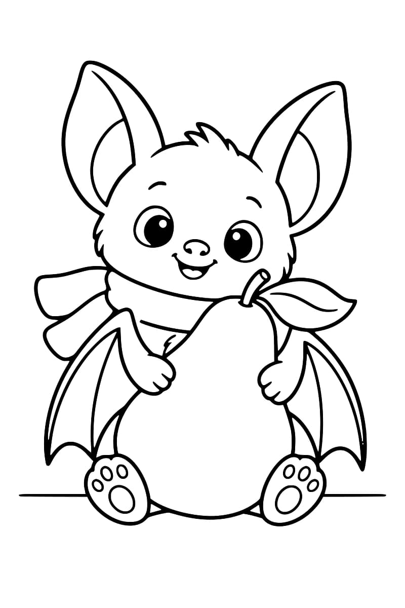 Dessin en noir et blanc d’une chauve-souris aux grandes oreilles, portant une écharpe et tenant une grosse poire avec une feuille entre ses pattes, les ailes ouvertes.