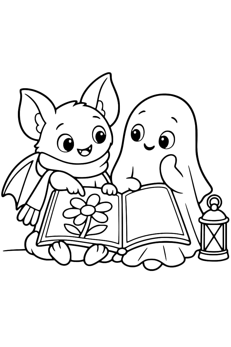 Dessin en noir et blanc d’une chauve-souris souriante portant une écharpe et d’un fantôme devant un grand livre ouvert : une fleur occupe la page de gauche et celle de droite est vide ; une lanterne est posée à droite.