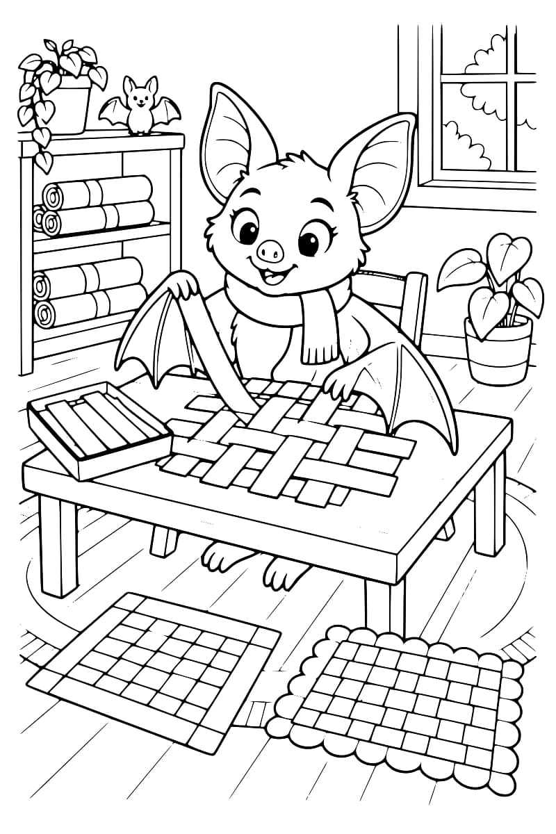 Dessin en noir et blanc d’une chauve-souris en écharpe qui tisse des bandes de papier sur une table, près d’un plateau de bandes, avec deux ouvrages tissés au sol, une étagère, des plantes et une fenêtre.