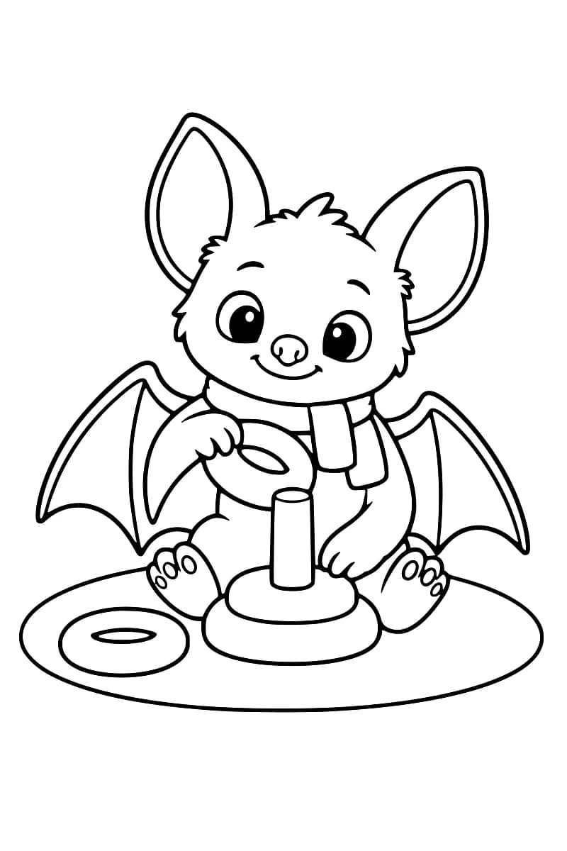 Dessin en noir et blanc d’une chauve-souris souriante aux ailes déployées, portant une écharpe et tenant un anneau au-dessus d’un jouet à empiler, avec un autre anneau posé à côté sur le tapis.