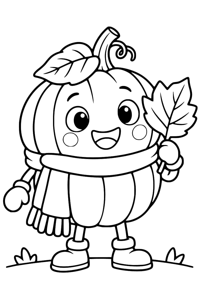 Dessin en noir et blanc d’une citrouille souriante avec une tige et une feuille sur la tête, une écharpe à franges, des moufles et des bottines, tenant une grande feuille dressée dans une main.