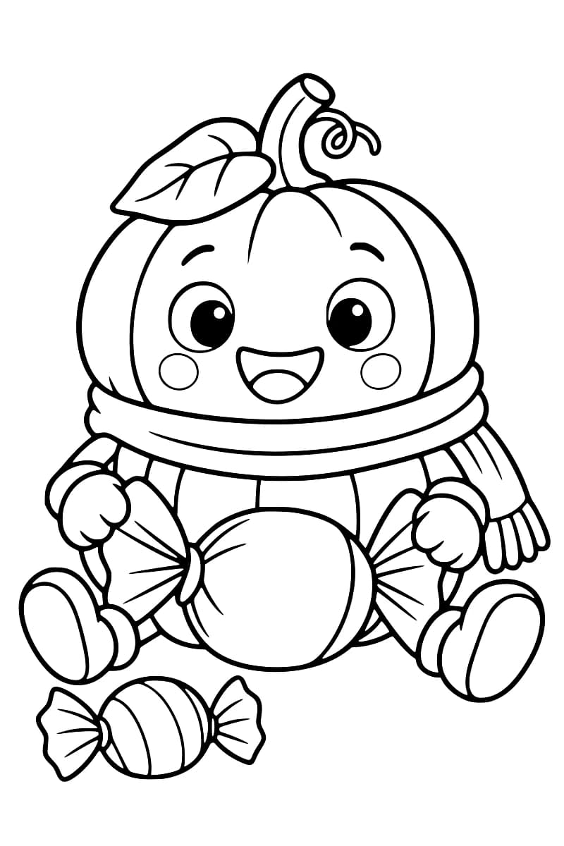 Dessin en noir et blanc d’une citrouille souriante avec une feuille sur la tête, une écharpe, des mains et des chaussures, assise derrière un gros bonbon dont elle tient les extrémités de l’emballage ; un petit bonbon rayé est posé devant elle.