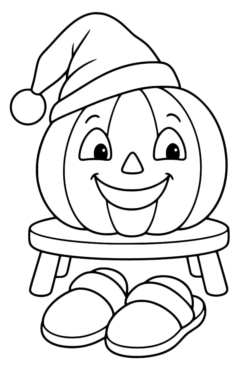 Dessin en noir et blanc d’une citrouille aux grands yeux et au large sourire, portant un bonnet à pompon sur un tabouret, avec deux chaussons au premier plan.