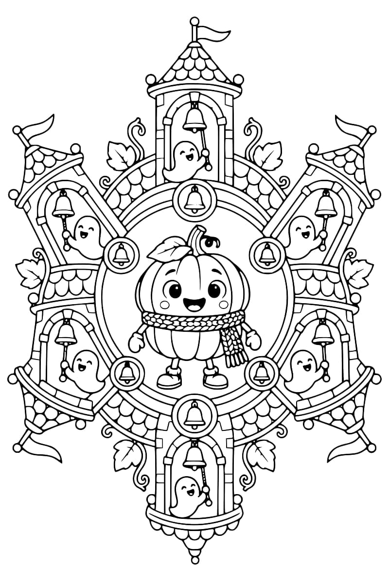 Dessin en noir et blanc d’une citrouille souriante portant une écharpe, des moufles et des chaussures, entourée de six tourelles abritant chacune un fantôme et une cloche, avec des feuilles et des médaillons ornés de clochettes.