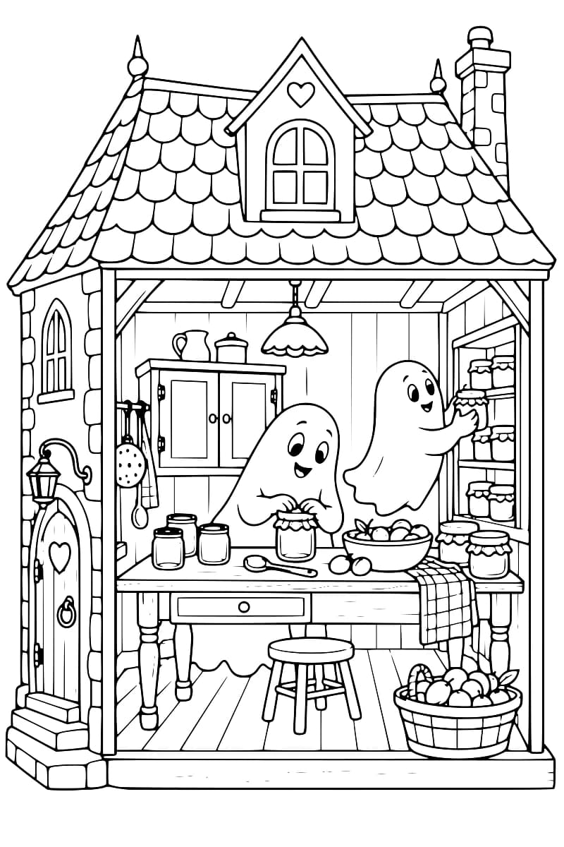 Dessin en noir et blanc d’une maison ouverte en coupe sur une cuisine : un fantôme ajuste le tissu couvrant un pot sur la table, tandis qu’un autre range un pot sur une étagère. Des fruits, des ustensiles, un tabouret et un panier complètent la scène.