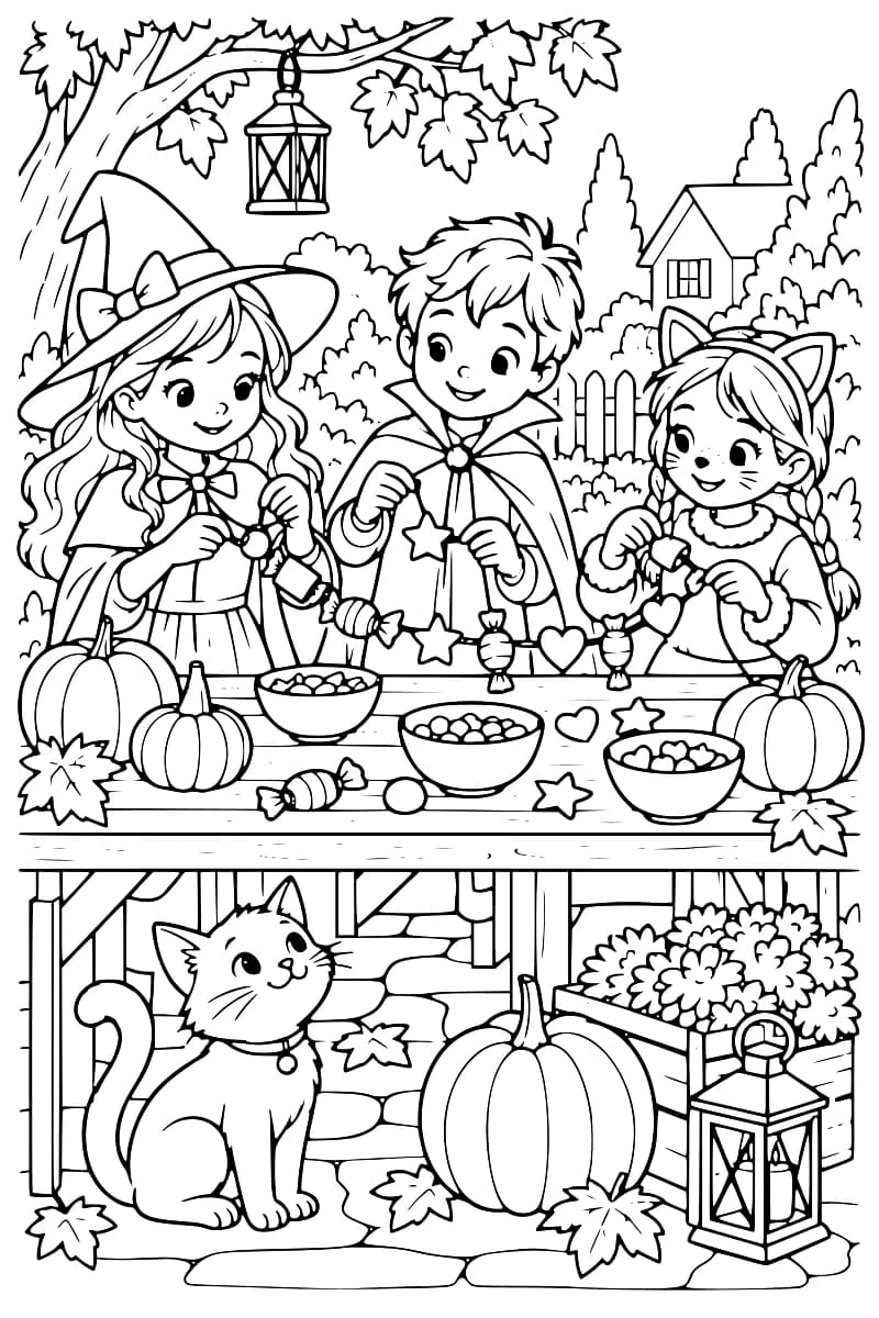 Trois enfants déguisés fabriquent une guirlande de bonbons dans un jardin décoré pour Halloween, avec des citrouilles, un chat et des lanternes.