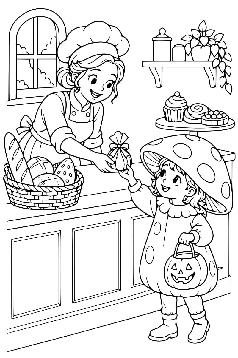 Dessin à colorier d’une boulangère tendant un sachet noué à un enfant coiffé d’un grand chapeau de champignon et tenant un seau citrouille, devant un comptoir avec une corbeille de pains et un présentoir à pâtisseries.