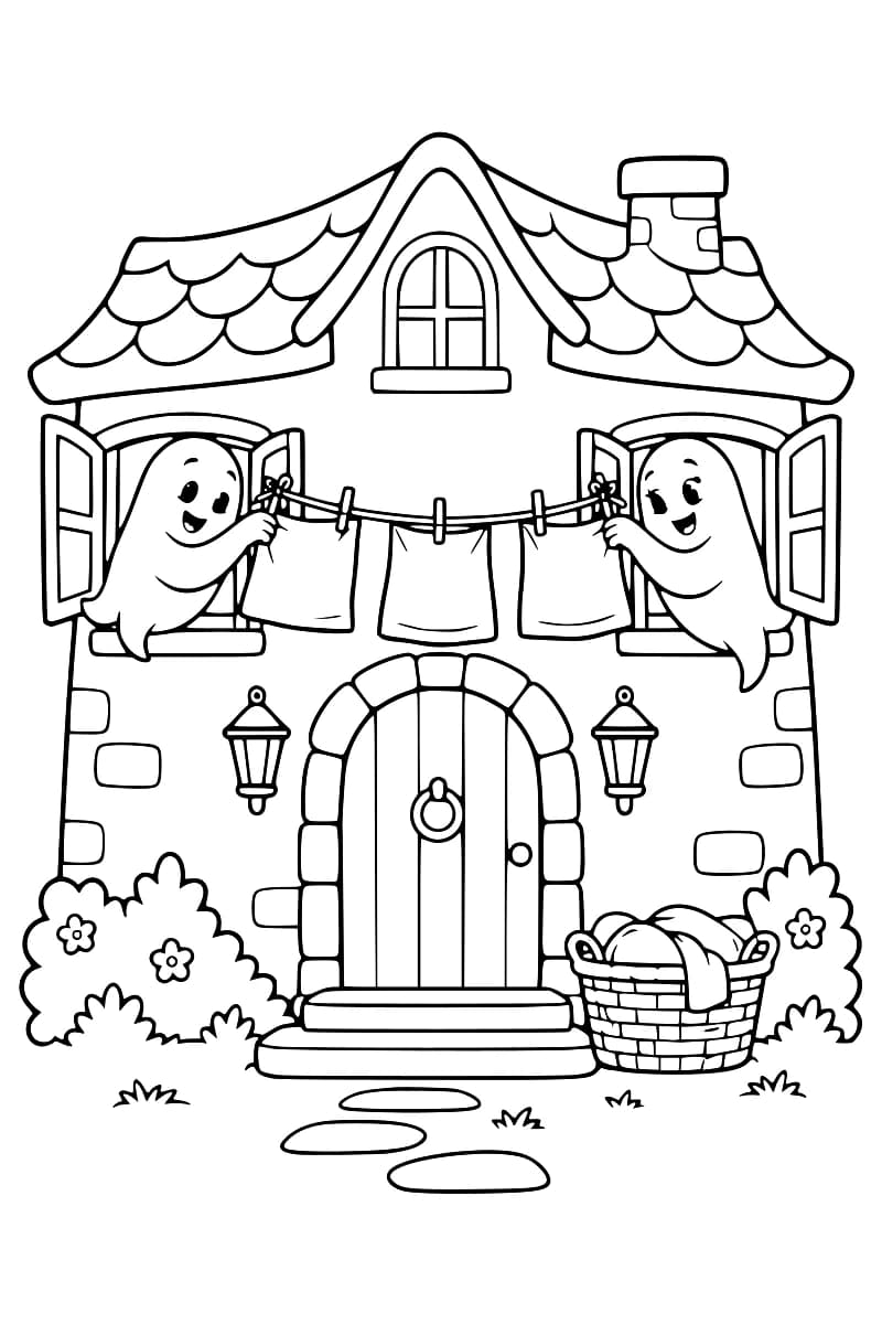 Dessin au trait noir d’une maison avec deux fantômes aux fenêtres ouvertes et trois pièces de linge suspendues entre eux, au-dessus de la porte d’entrée. Un panier à linge repose près des marches, entre des buissons fleuris.