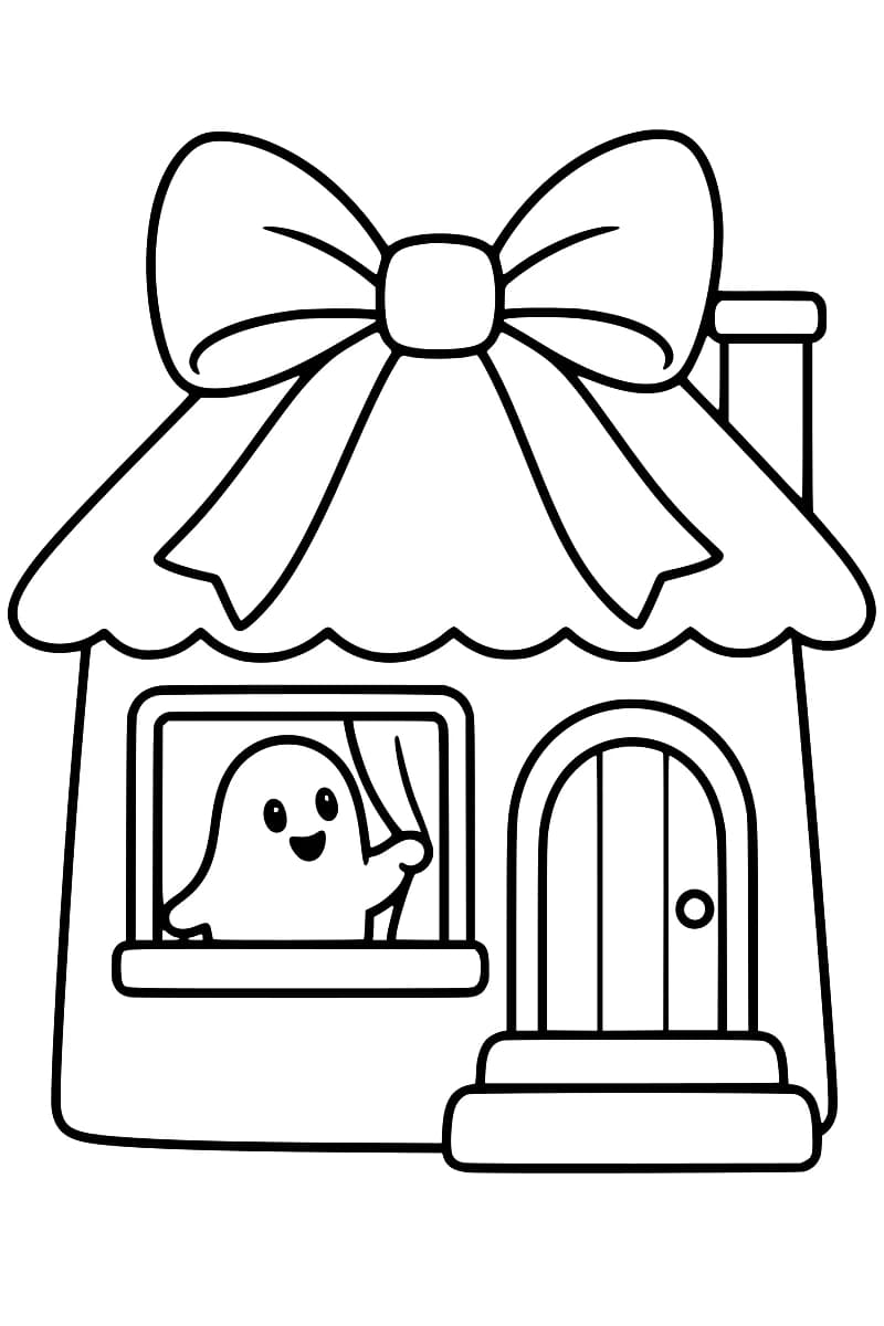 Dessin en noir et blanc d’une maison avec un grand nœud sur le toit, une cheminée et une porte arrondie précédée de deux marches ; un fantôme souriant tient le rideau de la fenêtre.