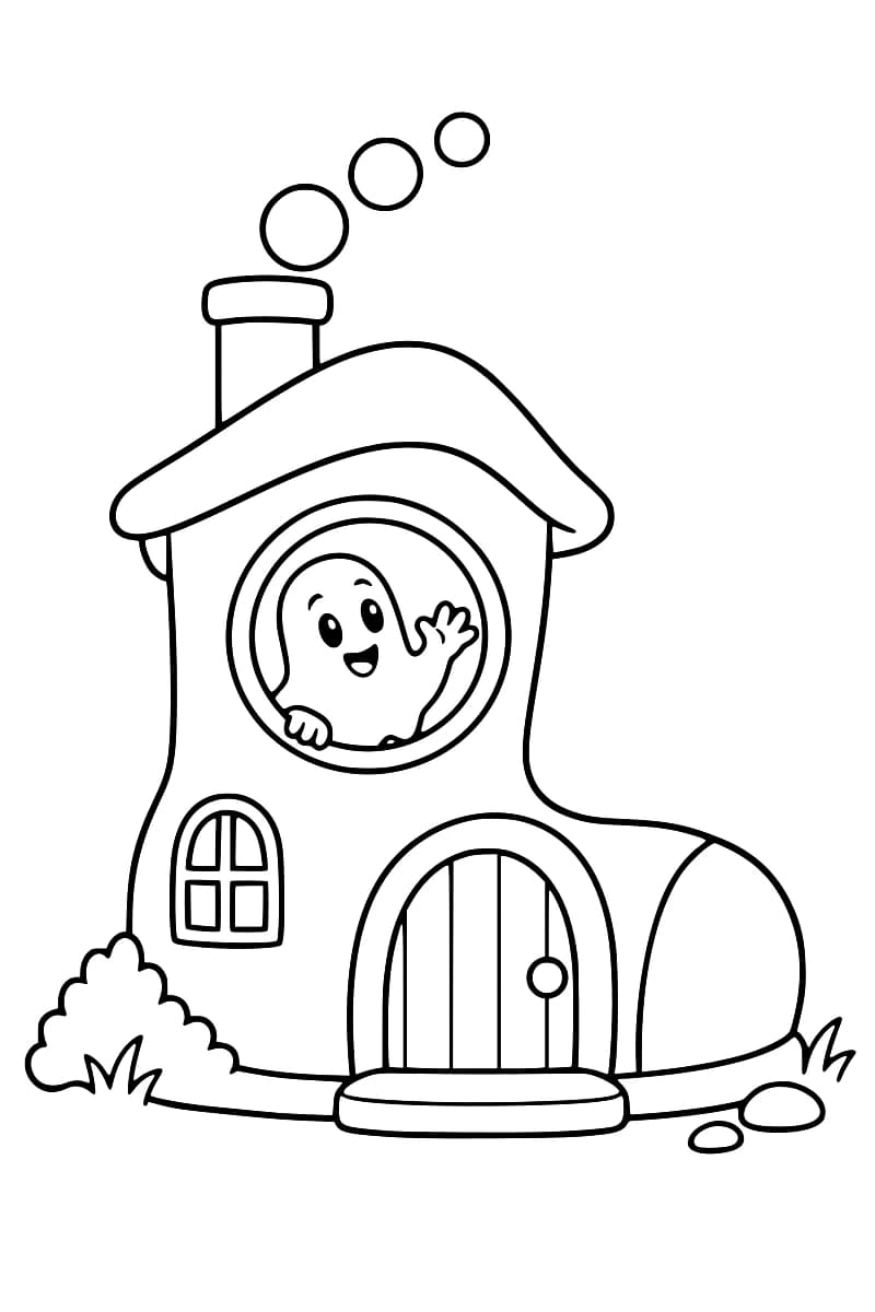 Dessin en noir et blanc d’une maison en forme de bottine avec un toit ondulé, une cheminée surmontée de trois cercles, une fenêtre ronde où un fantôme souriant lève la main, une petite fenêtre et une porte arrondie.