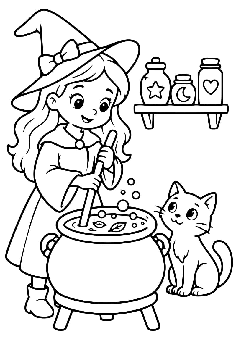 Dessin en noir et blanc d’une jeune sorcière au chapeau pointu remuant une grande marmite avec un chat assis à côté.