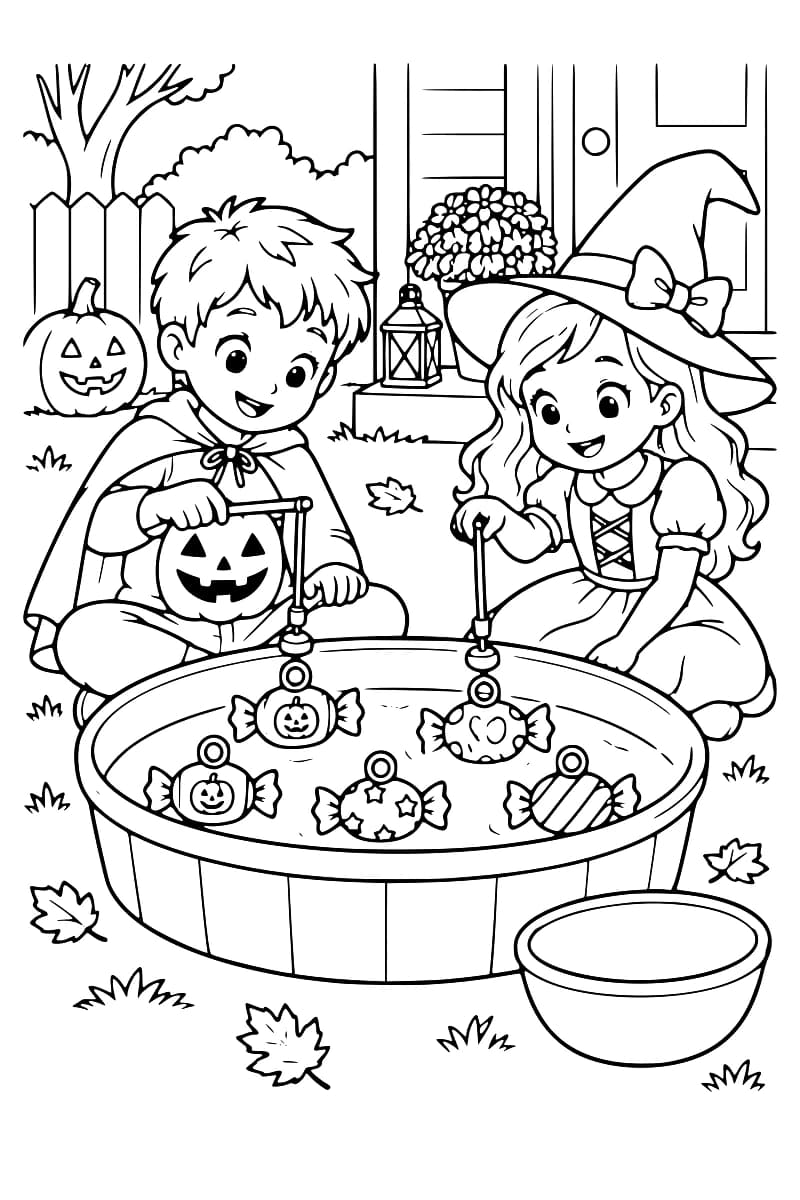 Dessin à colorier de deux enfants, l’un en cape et l’autre en sorcière, pêchant des bonbons emballés munis d’anneaux dans une bassine, devant une maison décorée d’une citrouille et d’une lanterne.