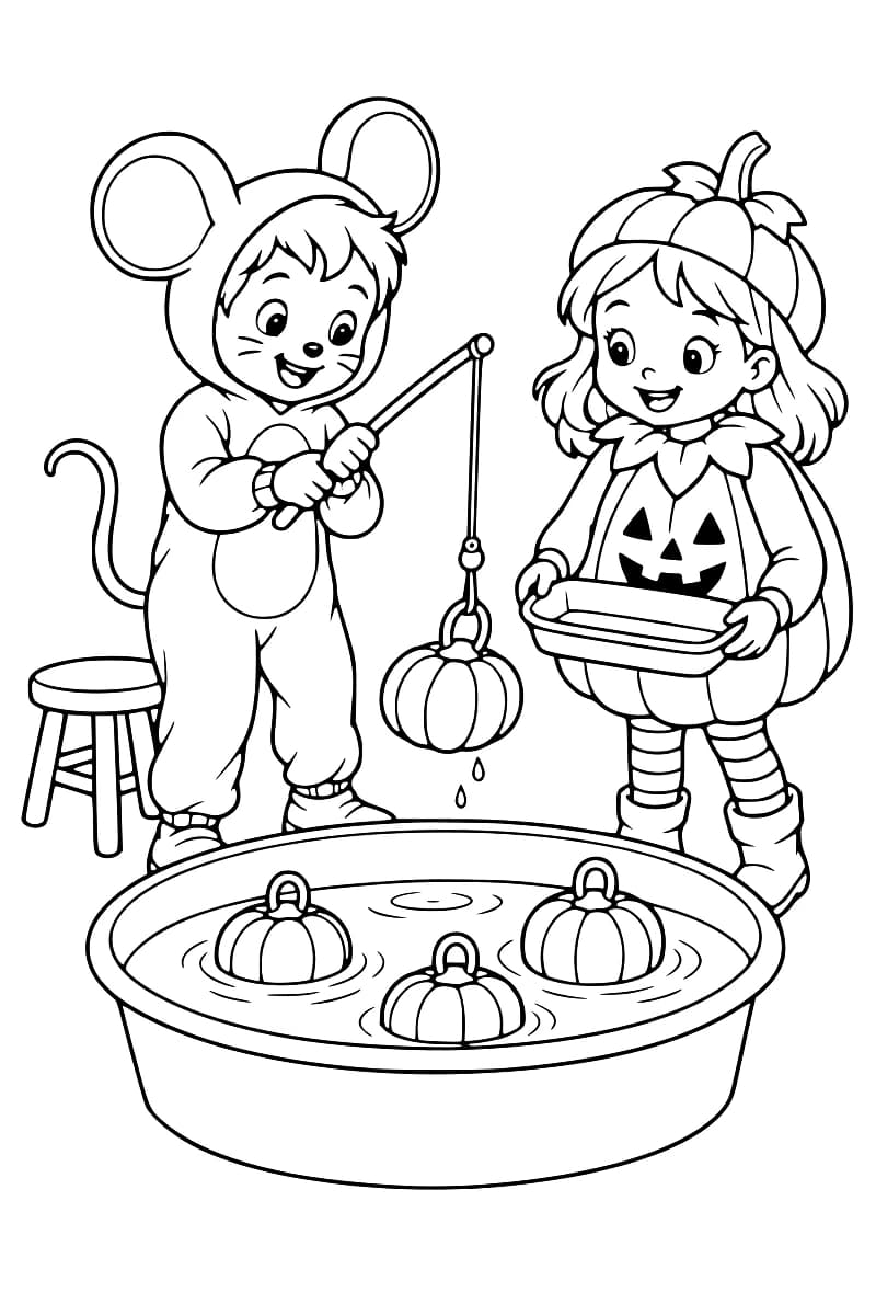 Dessin en noir et blanc de deux enfants costumés devant un bassin contenant trois citrouilles à anneau : l’enfant en souris en soulève une quatrième avec une canne à pêche, tandis que l’enfant en citrouille tient un plateau vide.