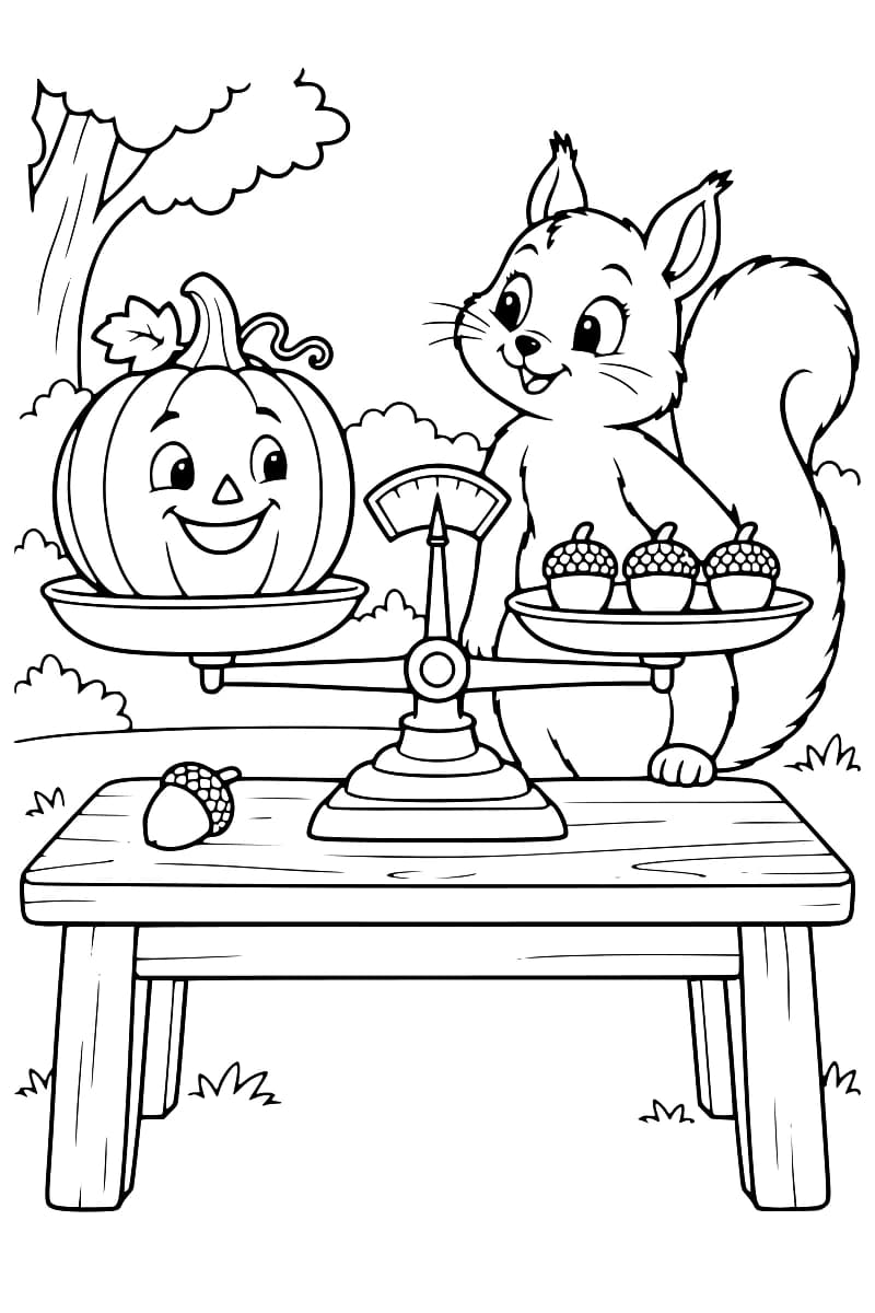 Dessin en noir et blanc d’un écureuil derrière une balance à deux plateaux, avec une citrouille souriante à gauche et trois glands à droite ; un autre gland repose sur la table, dans un décor d’arbres et de buissons.