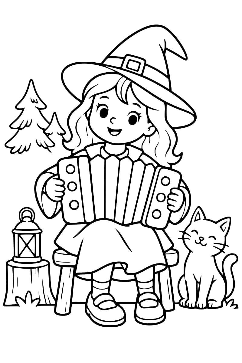 Dessin en noir et blanc d’une petite sorcière souriante coiffée d’un grand chapeau pointu à boucle, assise sur un tabouret et jouant de l’accordéon, avec un chat à droite, une lanterne sur une souche à gauche et des sapins en arrière-plan.