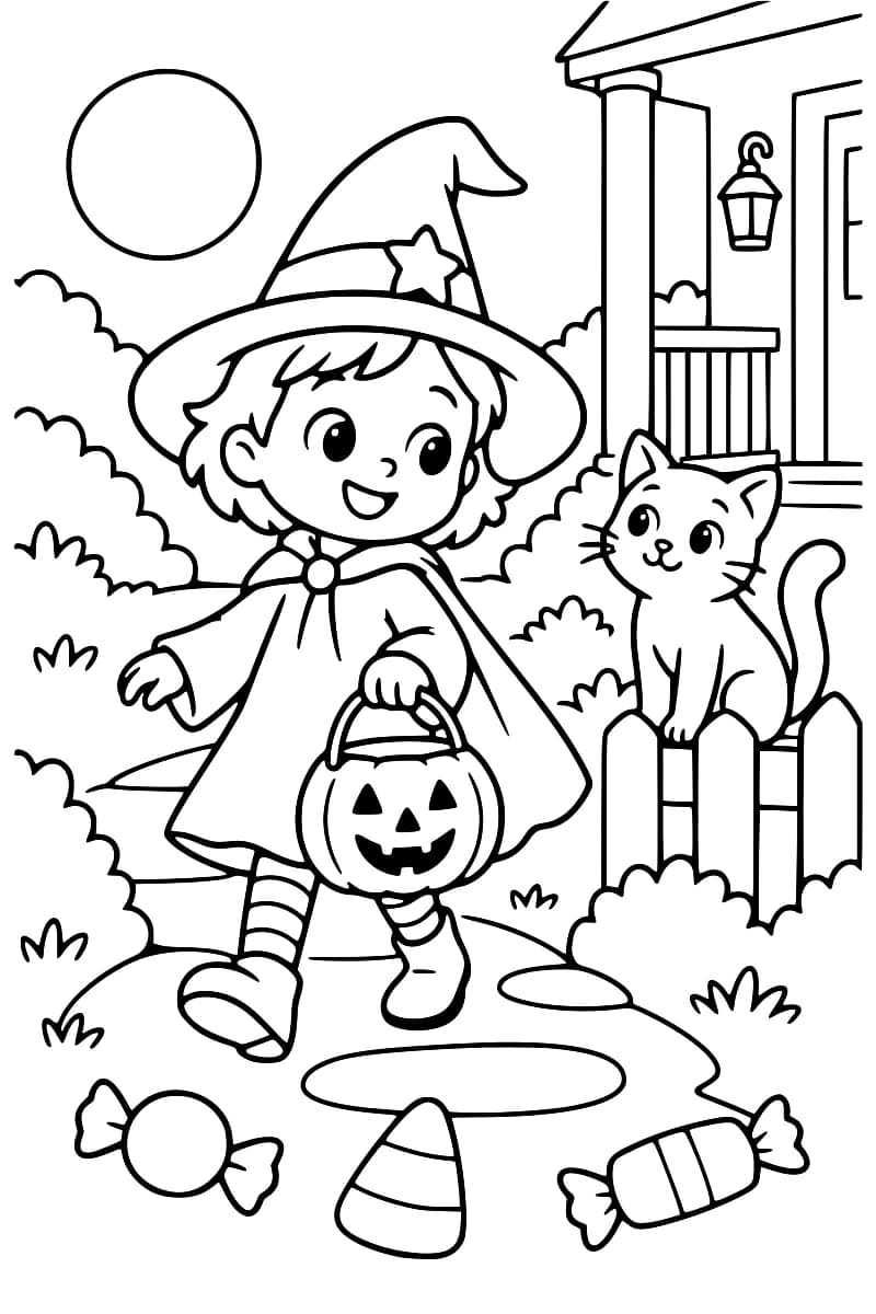 Dessin à colorier représentant une petite sorcière portant un chapeau et une cape, tenant un seau citrouille, avec un chat près d’une clôture et d’une maison.