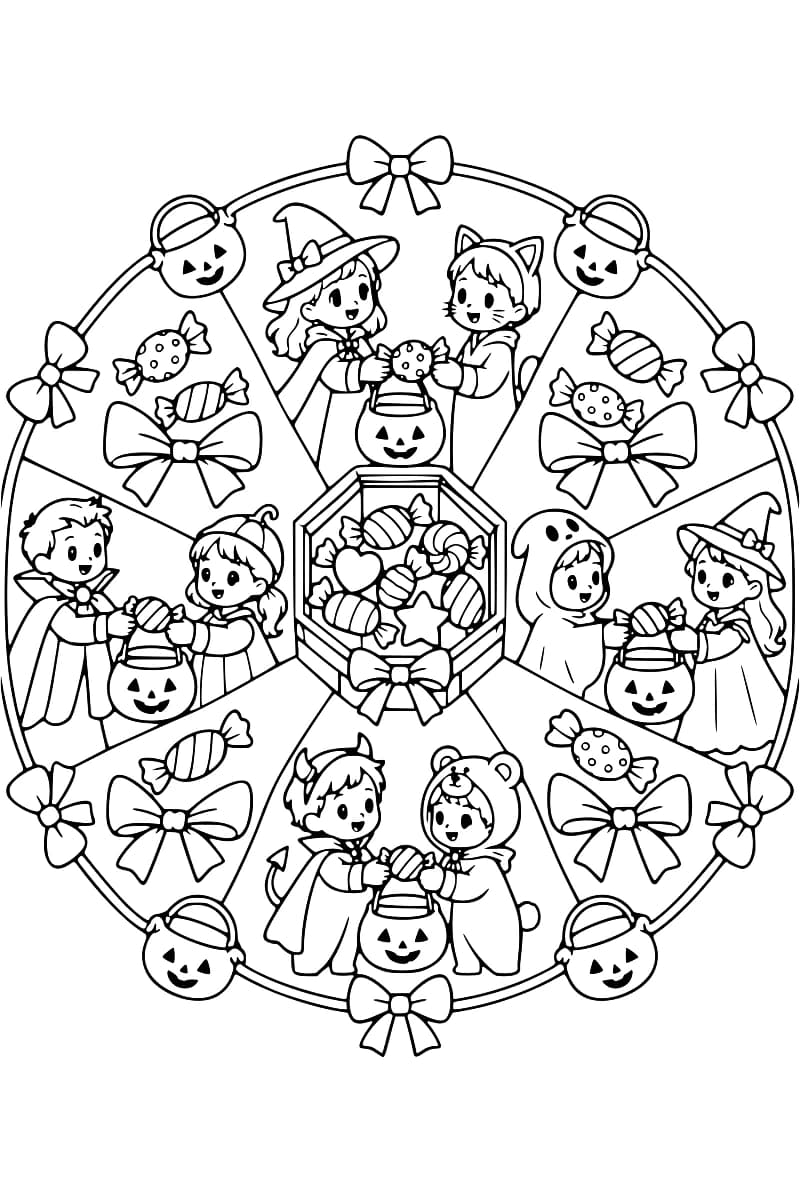 Dessin en noir et blanc organisé autour d’une boîte hexagonale remplie de bonbons et ornée d’un nœud : quatre duos d’enfants déguisés tiennent des friandises au-dessus de seaux en forme de citrouille, entourés de bonbons, de grands nœuds et de seaux souriants.