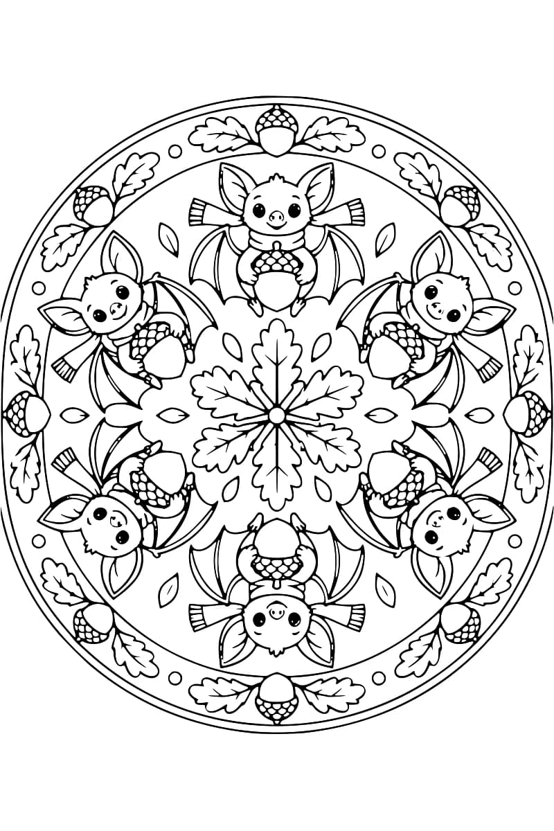 Dessin au trait noir sur fond blanc de six chauves-souris portant des écharpes, les ailes déployées et un gland entre les pattes, disposées en cercle autour d’une rosace de feuilles de chêne, avec une bordure de glands et de feuilles.
