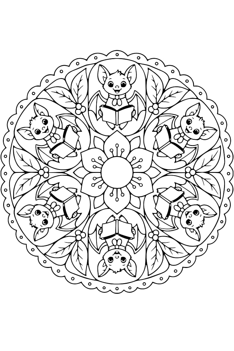 Dessin en noir et blanc de six chauves-souris portant un foulard et tenant chacune un livre ouvert, disposées en cercle autour d’une grande fleur à six pétales, avec des feuilles et une bordure festonnée ornée de petits cercles.