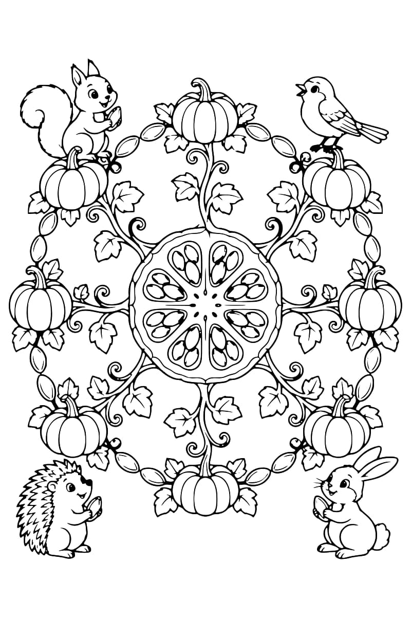 Dessin en noir et blanc d’un motif circulaire composé de huit citrouilles reliées par des tiges à vrilles, des feuilles et des pépins, autour d’une coupe de potiron remplie de graines ; un écureuil, un oiseau, un hérisson et un lapin entourent le motif.