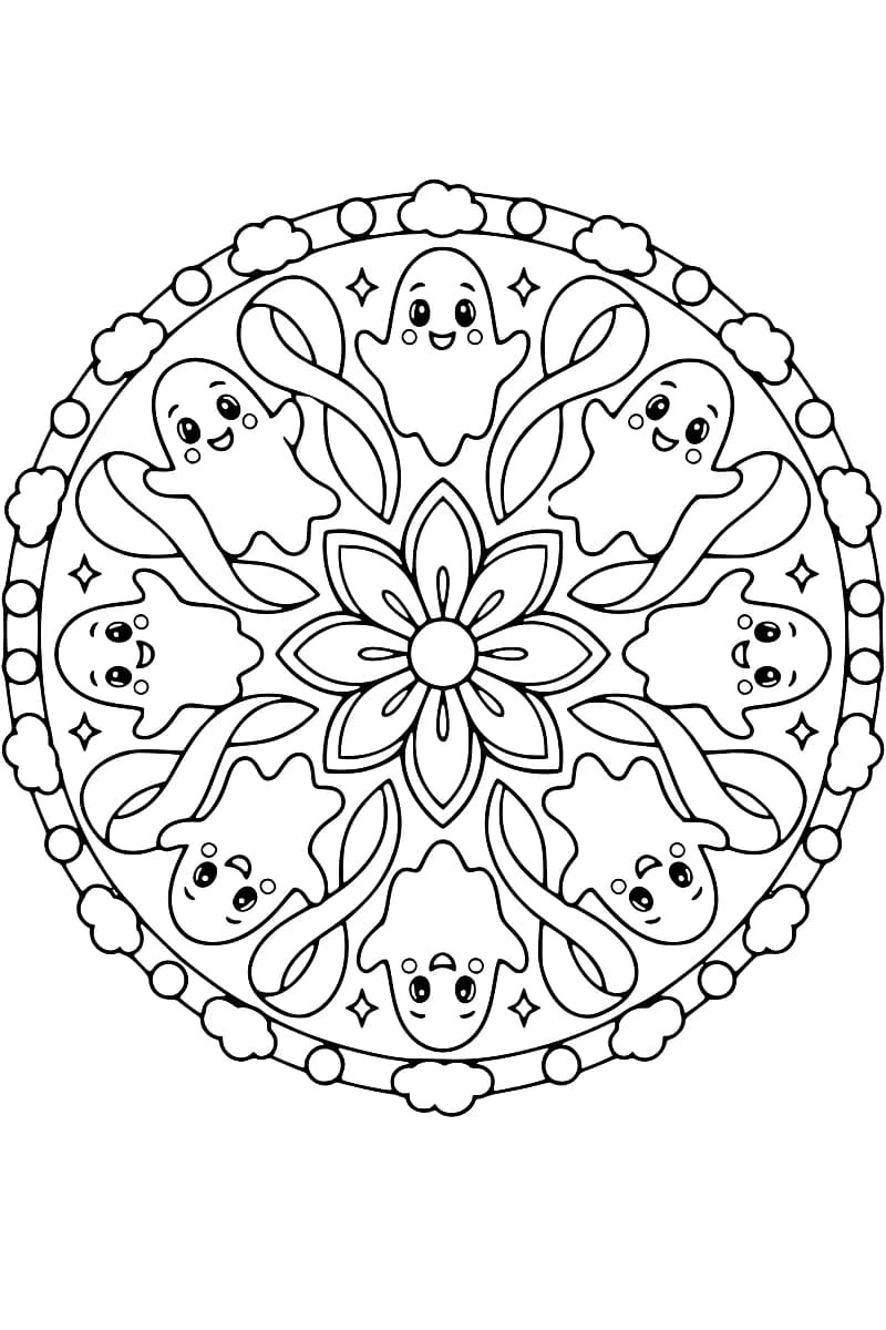 Mandala circulaire de fantômes souriants, de rubans et de nuages.
