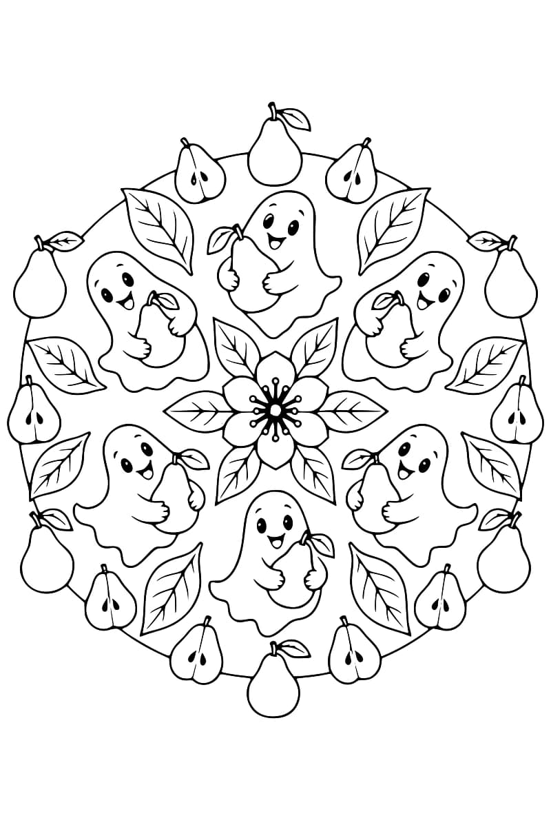 Dessin en noir et blanc de six fantômes tenant des poires, disposés en cercle autour d’une fleur à six pétales, avec des feuilles et une bordure de poires entières et coupées en deux.