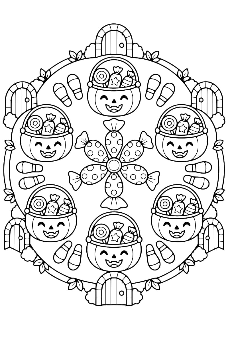 Mandala symétrique de paniers à visage de citrouille, de bonbons, d’empreintes et de portes arrondies.