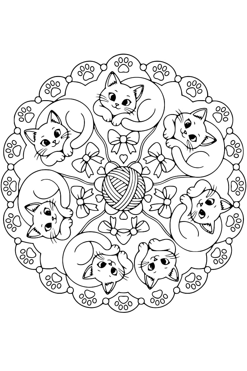 Mandala de six chats lovés autour d’une pelote.