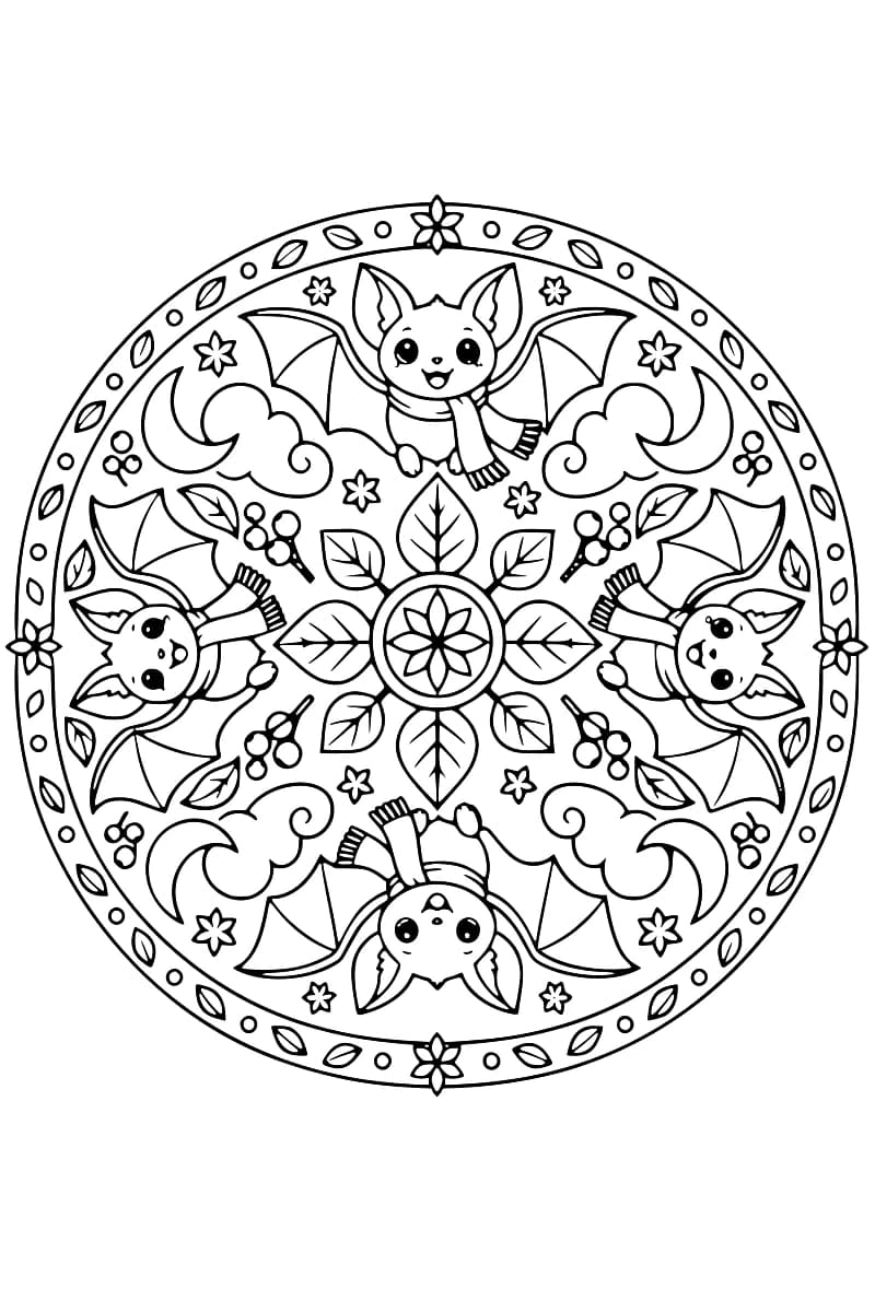 Mandala noir et blanc représentant quatre chauves-souris ailées portant des écharpes autour d’un motif floral central, avec des feuilles, des fleurs et des baies.