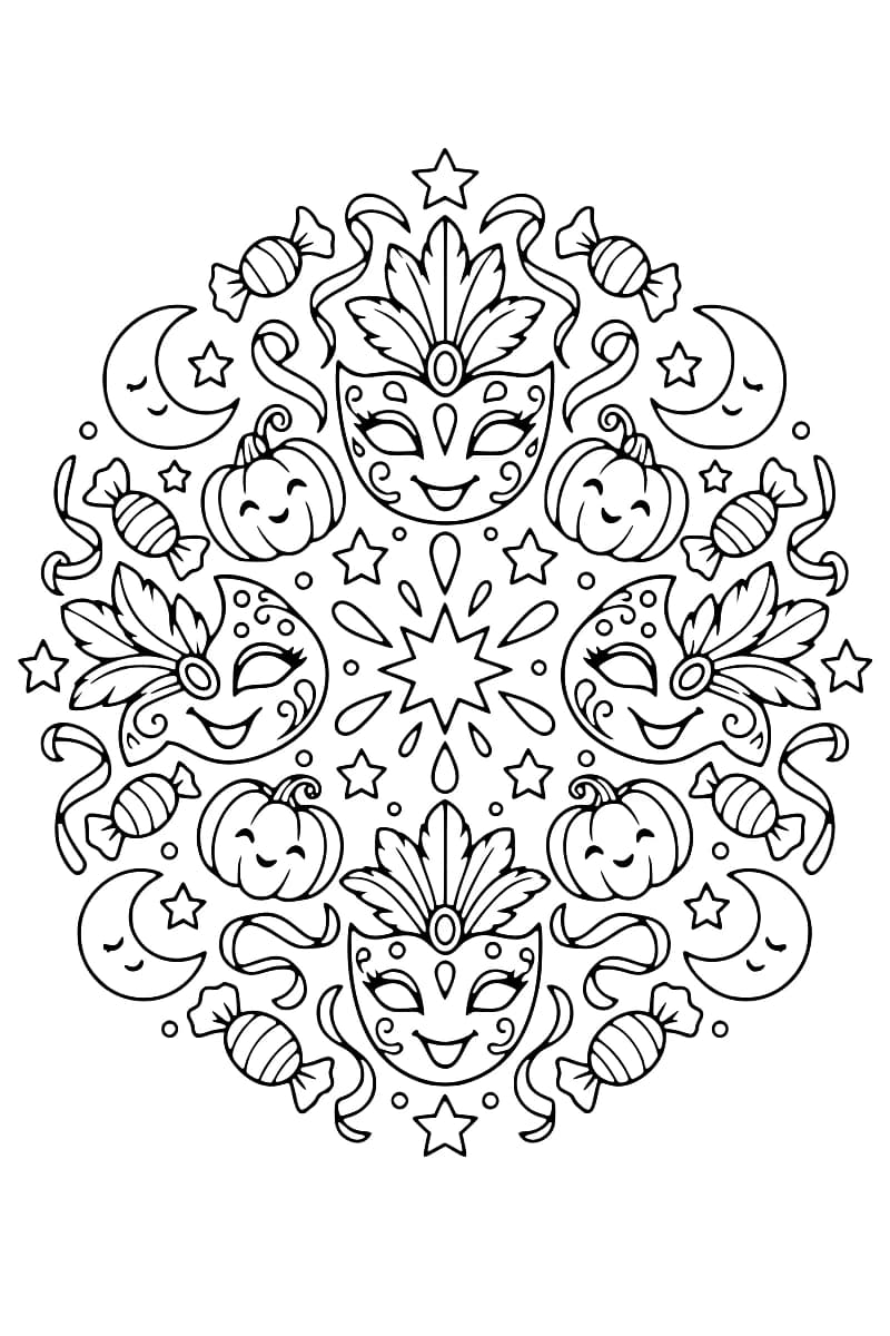 Dessin en noir et blanc d’une roue symétrique avec des masques, des citrouilles, des bonbons, des lunes, des étoiles et un motif central.