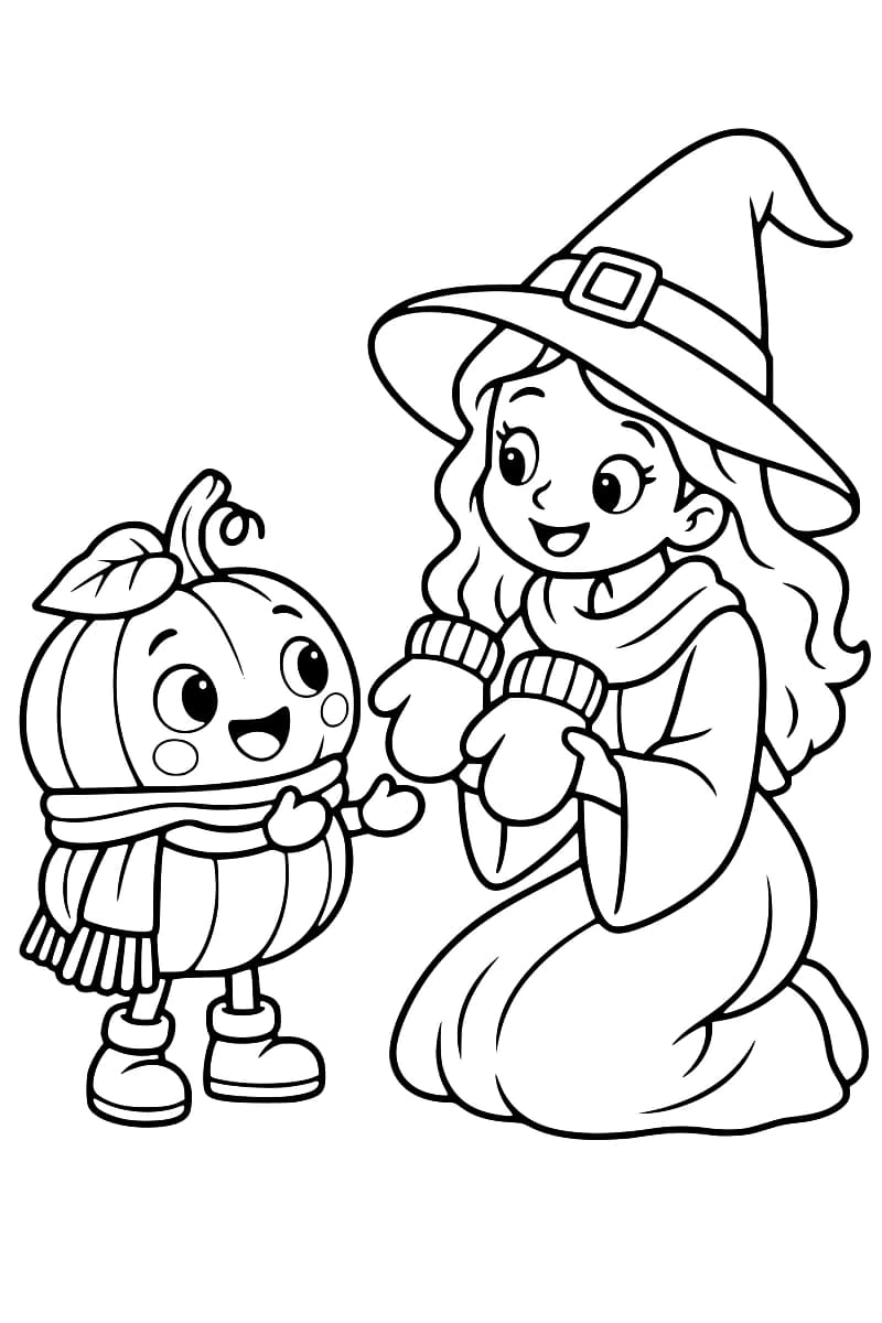 Dessin en noir et blanc d’une sorcière souriante, agenouillée et coiffée d’un grand chapeau pointu à boucle, tenant deux moufles devant un personnage citrouille portant une écharpe et des bottines.