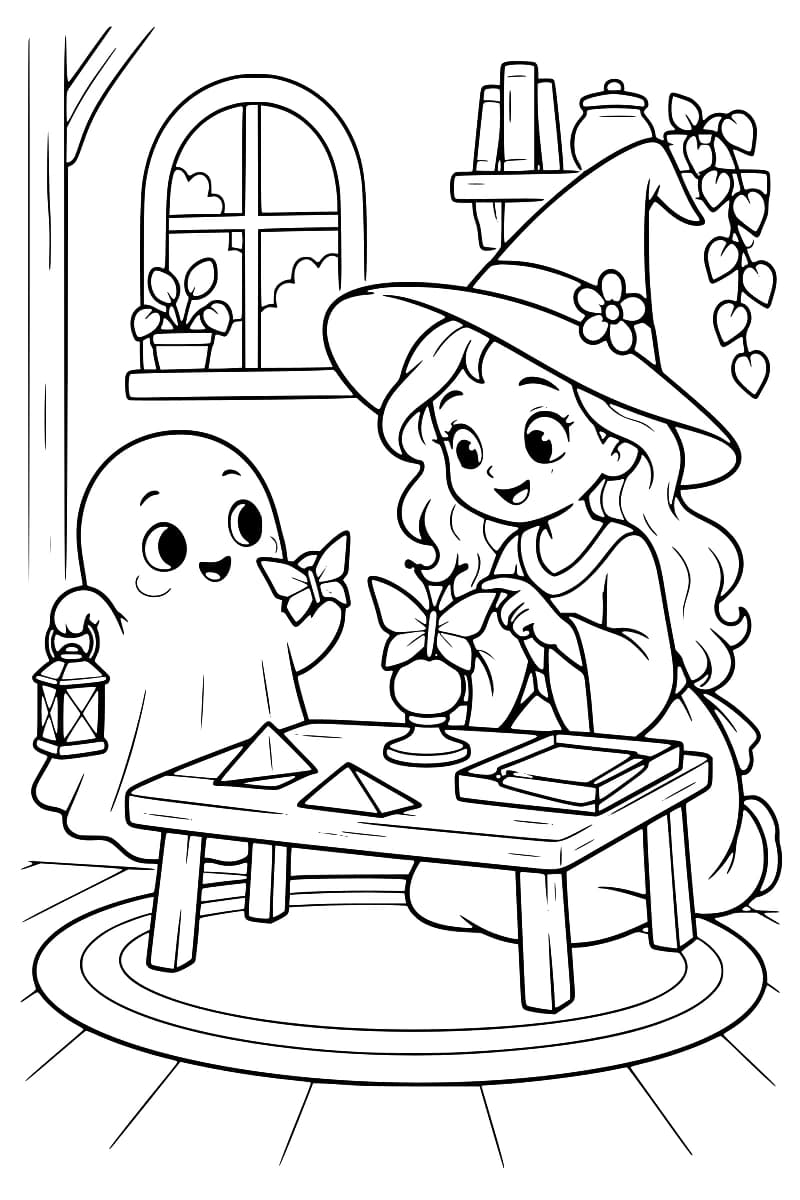 Dessin à colorier d’une sorcière au chapeau fleuri touchant un papillon posé sur un support arrondi, tandis qu’un fantôme tient un autre papillon et une lanterne. Des pliages et un livre sont disposés sur la table, devant une fenêtre et une étagère garnies de plantes.