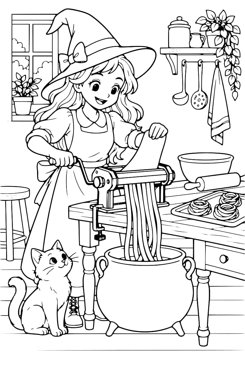 Dessin en noir et blanc d’une sorcière coiffée d’un grand chapeau, préparant des pâtes avec une machine à manivelle fixée à une table. Les rubans tombent dans un chaudron posé au sol, près d’un chat assis. Un plateau de nids de pâtes, un bol et un rouleau à pâtisserie sont disposés sur la table.