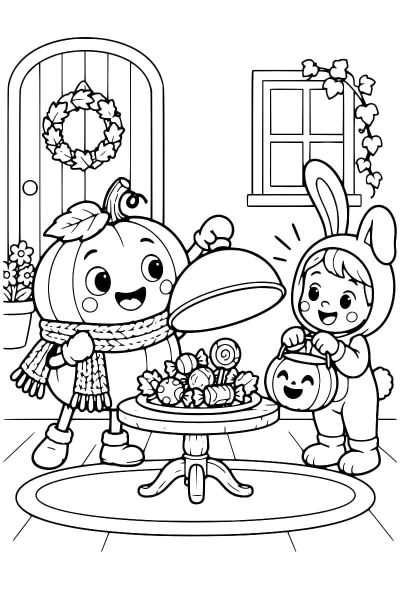 Dessin à colorier d’un personnage à tête de citrouille portant une écharpe, qui soulève une cloche au-dessus de bonbons posés sur une petite table ronde, face à un enfant en costume de lapin tenant un seau en forme de citrouille ; une porte ornée d’une couronne de feuilles et une fenêtre bordée de lierre se trouvent derrière eux.