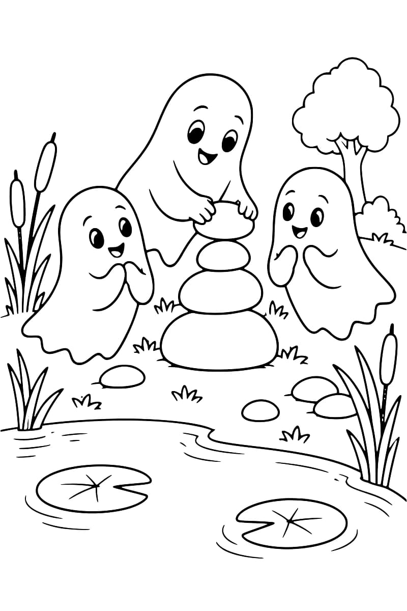 Dessin en noir et blanc de trois fantômes amicaux construisant une tour de pierres au bord d’un étang.