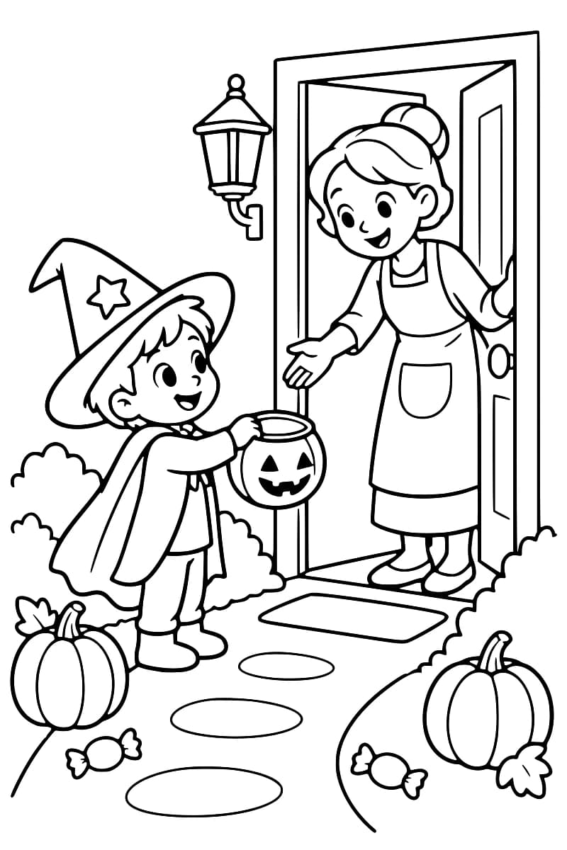 Un enfant portant un chapeau de sorcier tend un seau en forme de citrouille à une femme sur le pas de sa porte, entourée de citrouilles et de bonbons.
