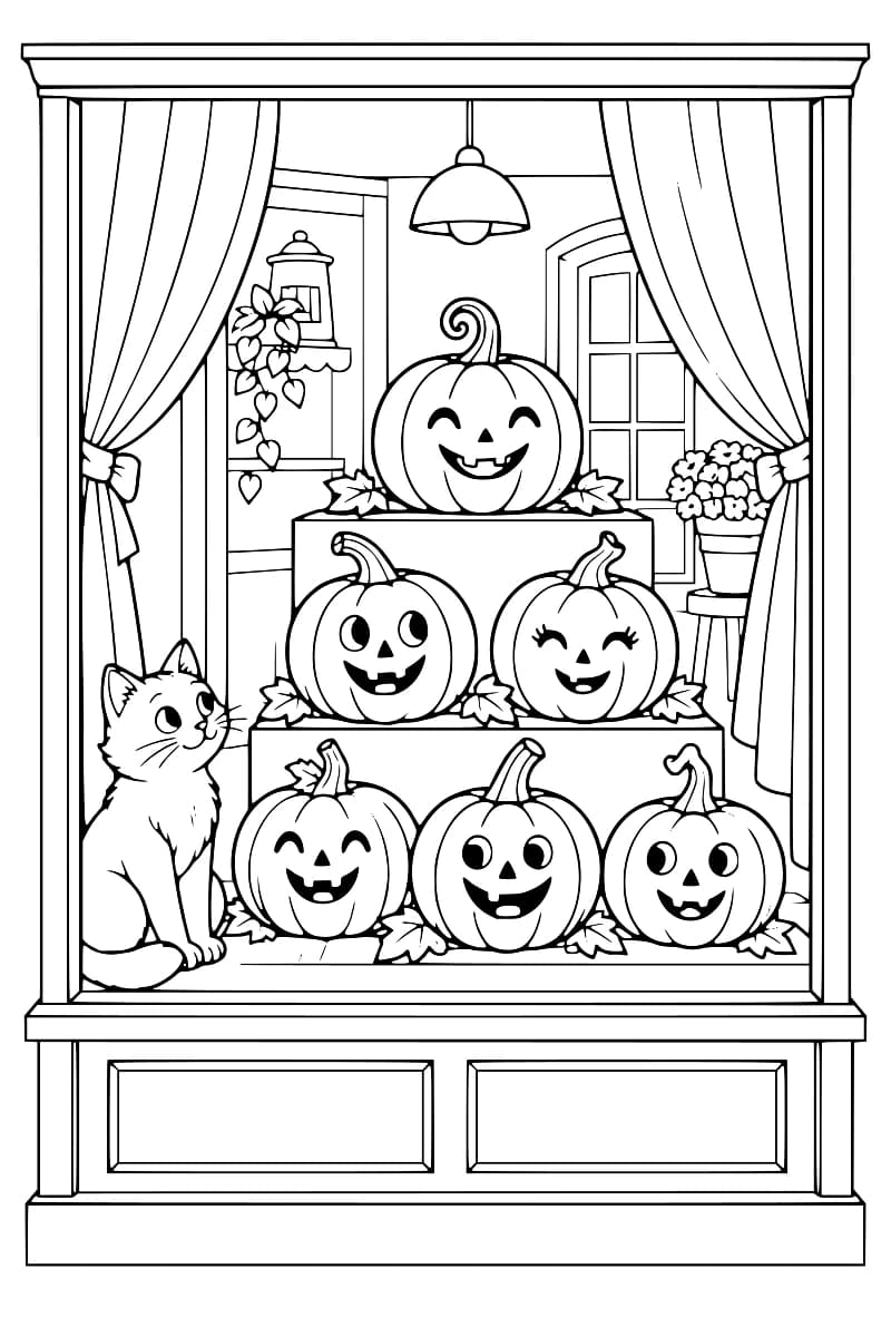 Dessin au trait noir sur fond blanc d’une vitrine encadrée de rideaux noués, présentant six citrouilles aux visages souriants sur des gradins, un chat à gauche, des feuilles, une suspension, une lanterne et des plantes.