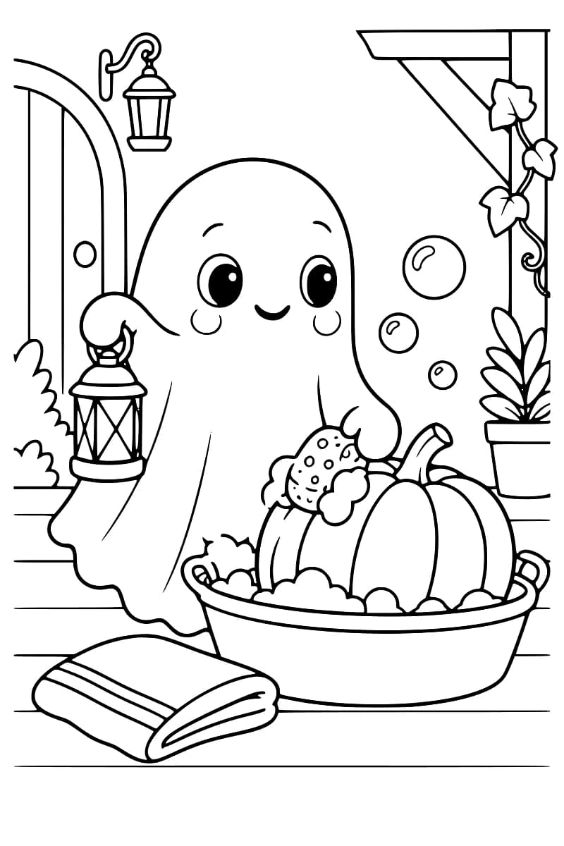 Dessin à colorier d’un fantôme lavant une grosse citrouille avec une éponge dans une bassine mousseuse, tout en tenant une lanterne. Des bulles flottent près de lui et une serviette pliée repose au premier plan.