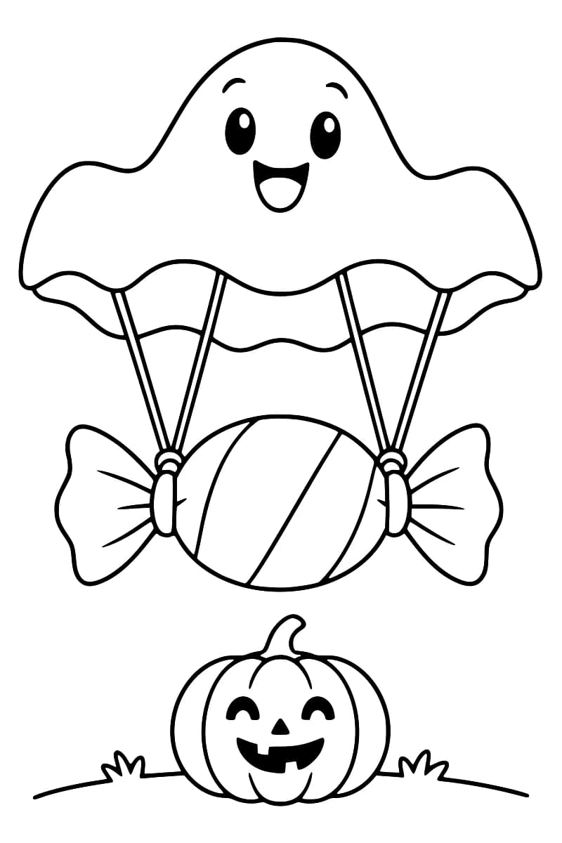 Dessin en noir et blanc d’un bonbon à rayures suspendu à un parachute en forme de fantôme souriant, avec une citrouille au visage joyeux posée au sol.