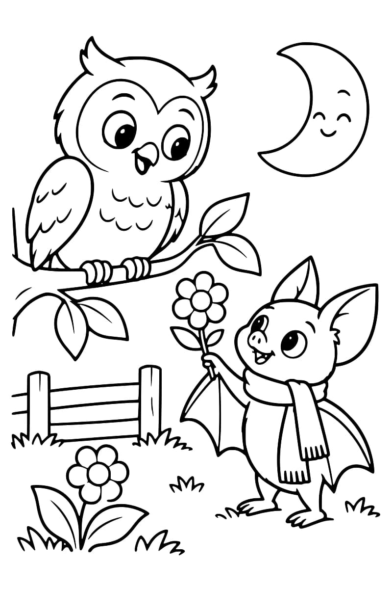 Dessin en noir et blanc d’une chauve-souris avec une écharpe offrant une fleur à un hibou sur une branche, avec un croissant de lune, une clôture et des fleurs.