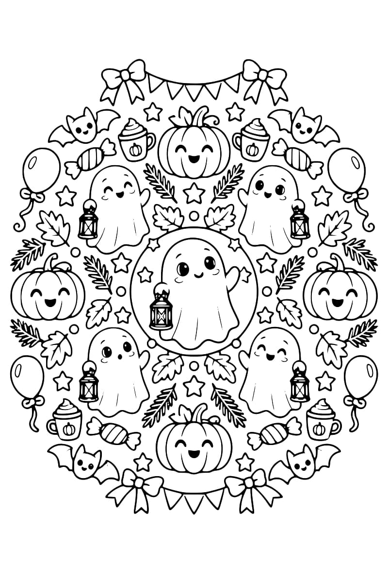 Mandala d’Halloween en noir et blanc avec des fantômes, des citrouilles, des chauves-souris, des lanternes, des bonbons, des ballons et des feuilles.