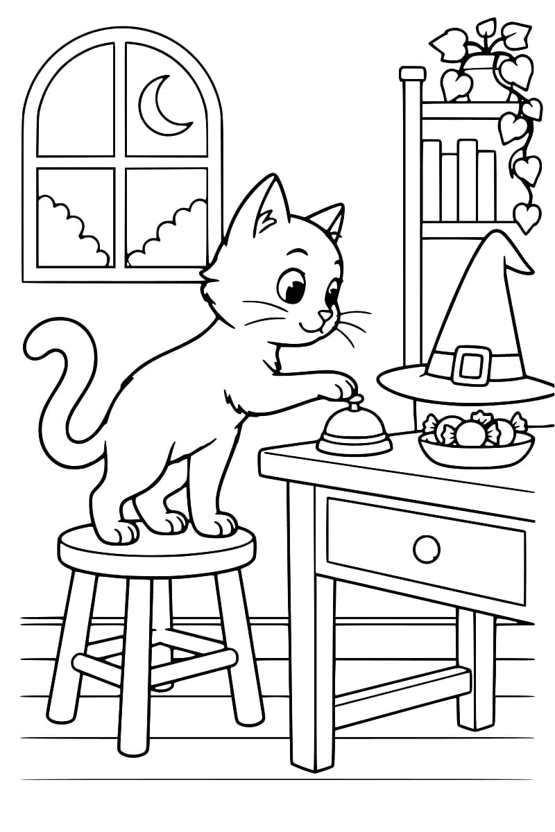 Dessin au trait noir sur fond blanc d’un chat sur un tabouret, la patte sur une sonnette posée sur une table avec un chapeau de sorcière et des bonbons ; à l’arrière-plan, une fenêtre laisse voir un croissant de lune et une étagère porte des livres et une plante retombante.
