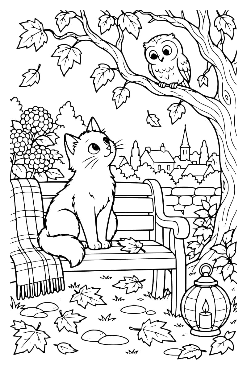 Dessin en noir et blanc représentant un chat sur un banc face à un hibou perché sur une branche, entourés de feuillage, d’un jardin et d’une lanterne.